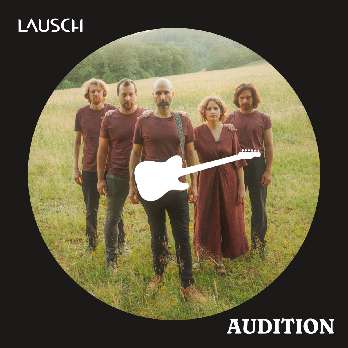 The band, five of them in dark red, on a summer meadow, with a white guitar silhouette in front